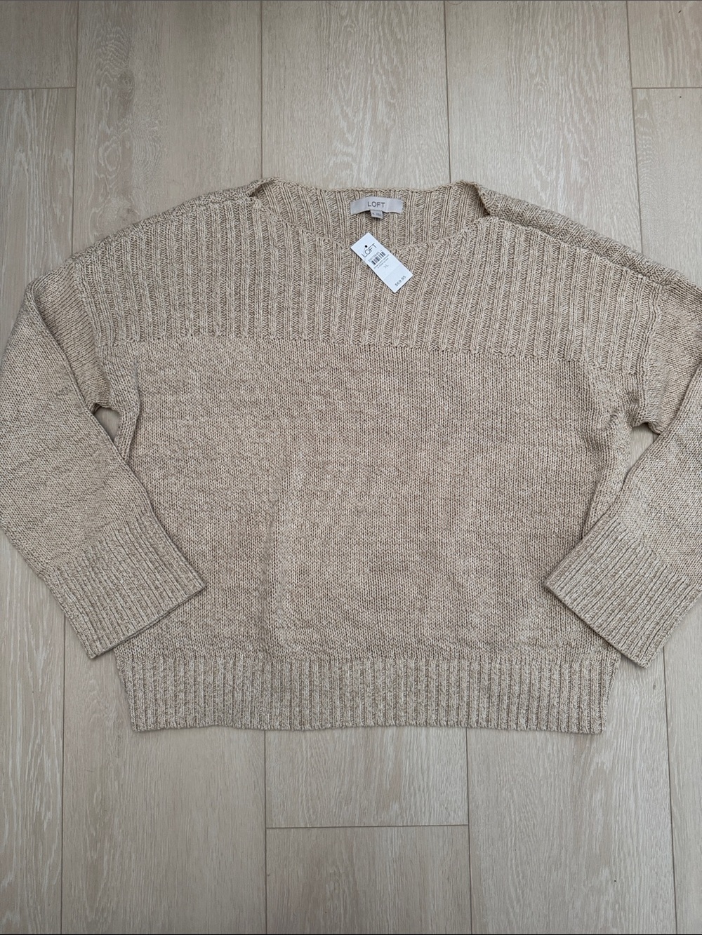LOFT Neutral Beige Crewneck Ribbed Yoke Sweater